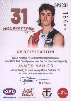 2023 Select AFL Legacy - 2022 Draft Pick Signature Copper #DPSC31 James Van Es Back